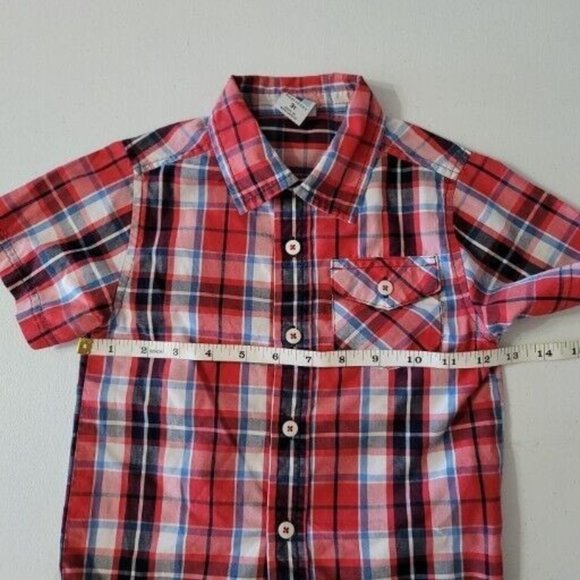 Healthtex Toddler Boy Size 3T Short Sleeve Button Up Plaid Shirt Red Blue - Picture 7 of 7